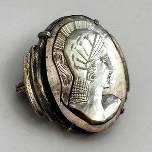 Art Deco Carved Iridescent Mother of Pearl Female Headdress Cameo Brooch